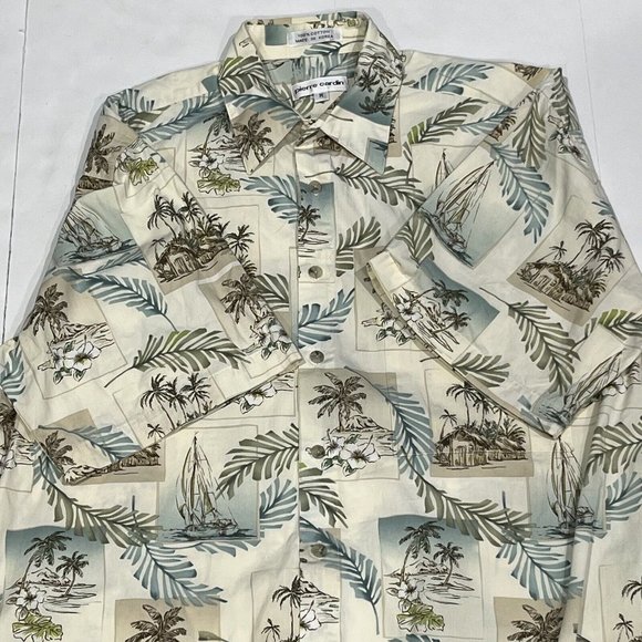 Vintage Pierre Cardin Retro Hawaiian Button Up Shirt Men Medium Island Hut Boat - Picture 14 of 15